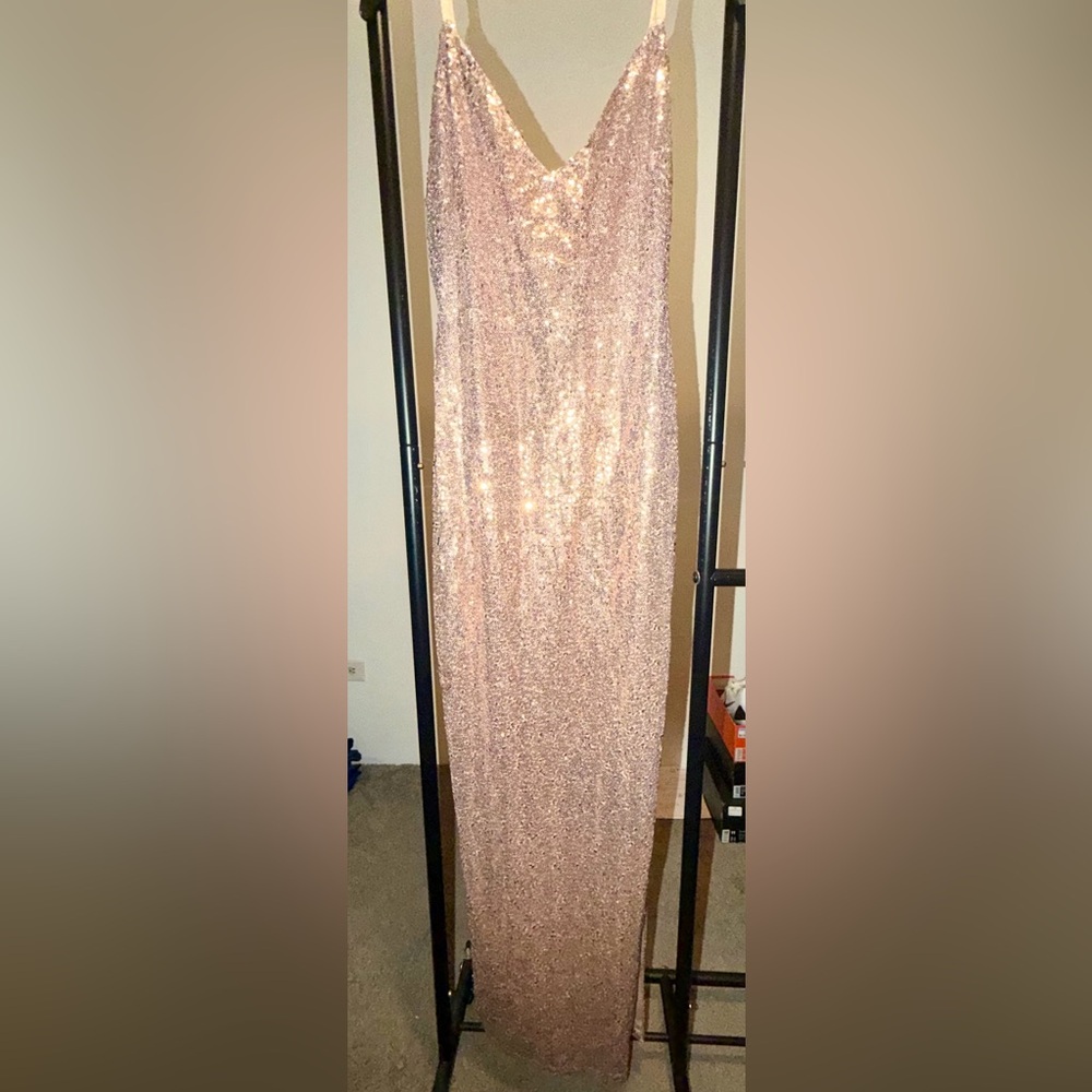 Rose Gold Sequin Maxi Dress with Leg Slit Size Large